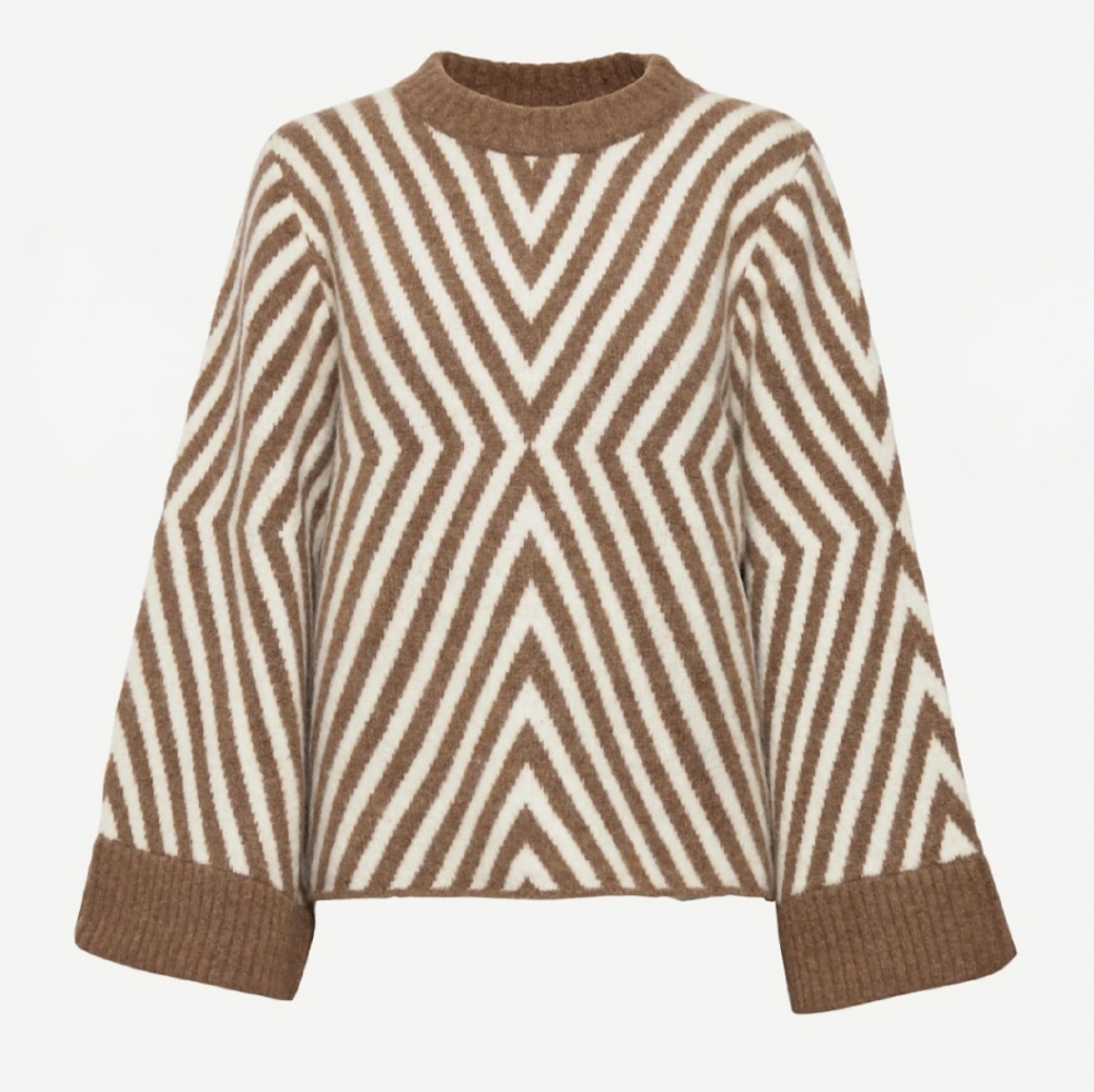 STYLEIN LARA Tan White Geometric Alpaca Wool Knit Wide Sleeves Sweater XS